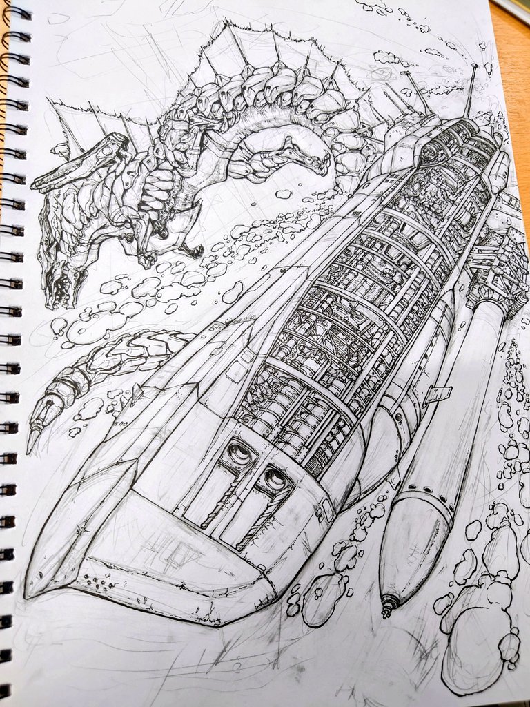 EB67eyebrow6700's tweet image. コミッションお進捗。メカドラゴン描けた。
依頼人の設定曰く、新兵器であるメカドラゴンを開発チームが潜水艦で視察している様子とのこと。

#scifiart #mecha #メカ