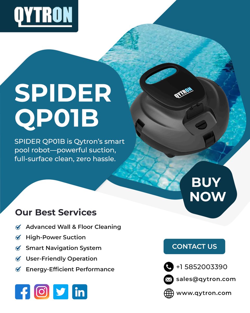 QYTRON's tweet photo. ✅ Looking for a reliable cleaner that handles tough dirt and corners? The #SPIDER_QP01B by @QYTRON is engineered for precision and durability. 

🛒 𝐒𝐡𝐨𝐩 𝐍𝐨𝐰:  https://t.co/7sIwXzxafs

#qytron #PoolCleaner #RoboticPoolCleaner #SPIDERQP01B #Qytron #EasyPoolCleaning https://t.co/Rs74zEEV7D