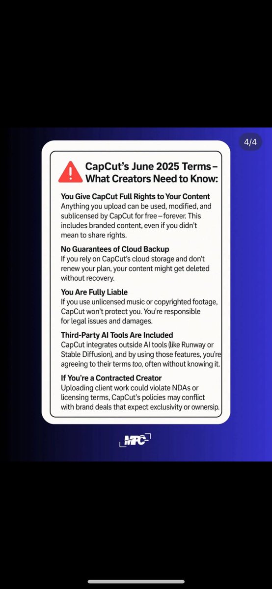 IMPORTANT FOR ALL CREATORS! 

CapCut’s new June 2025 Terms are a HUGE red flag.
If you’re using it to edit videos for clients, brands, or even your personal content… 

This isn’t to scare—it’s to inform.
Most creators I know use CapCut and don’t realize how much control they’re