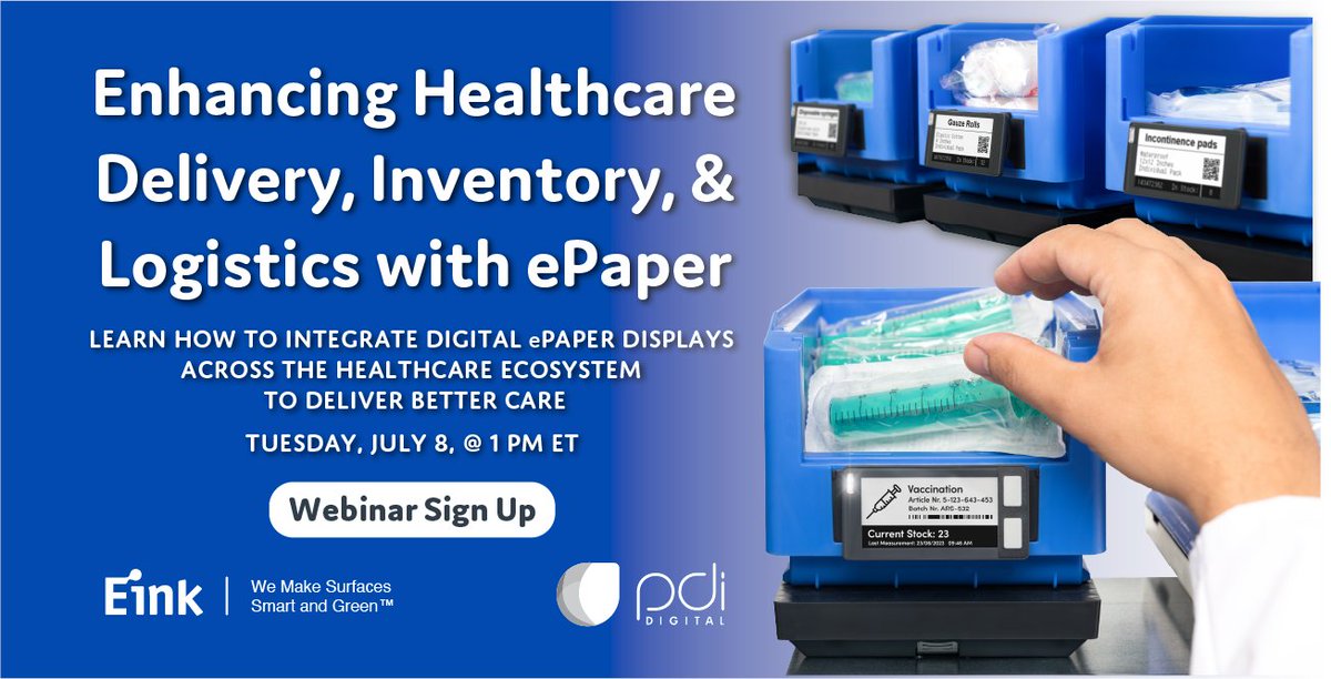 E Ink (@eink) on Twitter photo Our new webinar is next week!
Join us Tuesday, July 8 at 1pm EST to learn how ePaper can enhance healthcare delivery.
Sign up here:
hubs.ly/Q03vtC4W0 Our new webinar is next week!
Join us Tuesday, July 8 at 1pm EST to learn how ePaper can enhance healthcare delivery.
Sign up here:
hubs.ly/Q03vtC4W0