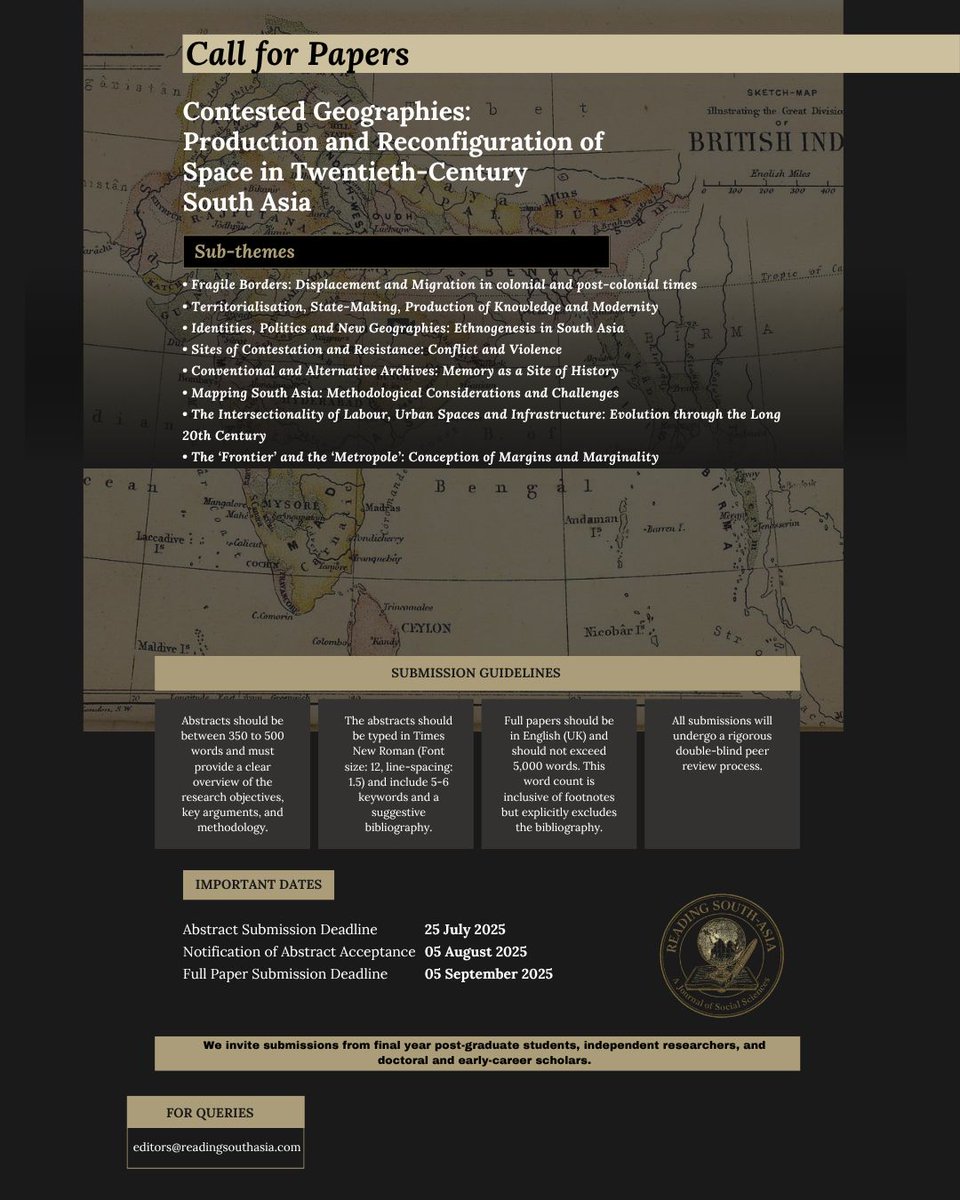 readingSAsia's tweet image. We invite extended abstracts (350–500 words) for our inaugural issue by 25 July 2025.
Please submit your abstract, along with a one-page CV, at forms.gle/iRGMGmotRgkWZC…
In case of queries, write to us at editors@readingsouthasia.com.