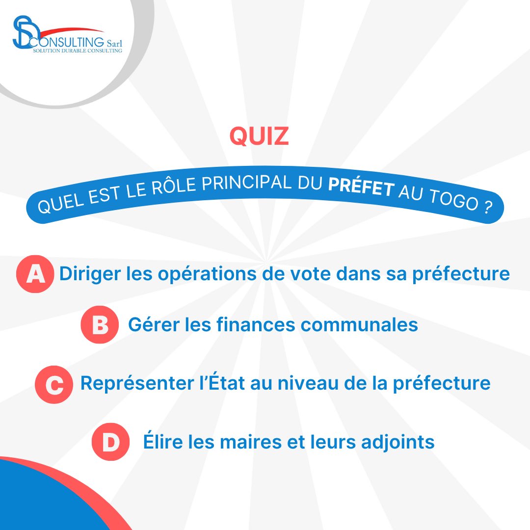 sd_togo's tweet photo. 🎯 Quel est le rôle principal du préfet au Togo ?

A) Diriger les opérations de vote dans sa préfecture
B) Gérer les finances communales
C) Représenter l’État au niveau de la préfecture
D) Élire les maires et leurs adjoints

👉 Donnez votre réponse en commentaire 

#sdconsulting https://t.co/Y0Bhp7Of6A