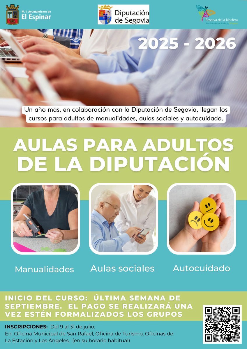 Ayto El Espinar (@ayto_elespinar) on Twitter photo 🎨👥 ¡Vuelven los cursos para adultos en colaboración con la Diputación de Segovia!
📅 Los cursos comenzarán la última semana de septiembre, una vez se hayan formado los grupos y realizado los pagos.
ℹ️ Más información:
👉 dipsegovia.es/la-institucion…
<a href="/DipuSG/">Diputación de Segovia</a> 🎨👥 ¡Vuelven los cursos para adultos en colaboración con la Diputación de Segovia!
📅 Los cursos comenzarán la última semana de septiembre, una vez se hayan formado los grupos y realizado los pagos.
ℹ️ Más información:
👉 dipsegovia.es/la-institucion…
<a href="/DipuSG/">Diputación de Segovia</a>