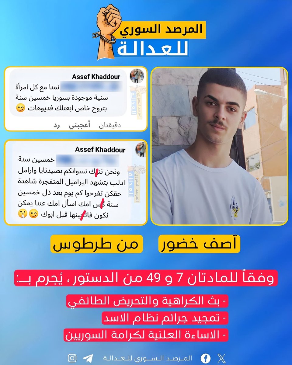 النصيري آصف خضور - من طرطوس 
يقذف النساء السوريات المسلمات جميع بكلام قذر متله ومثل طائفته