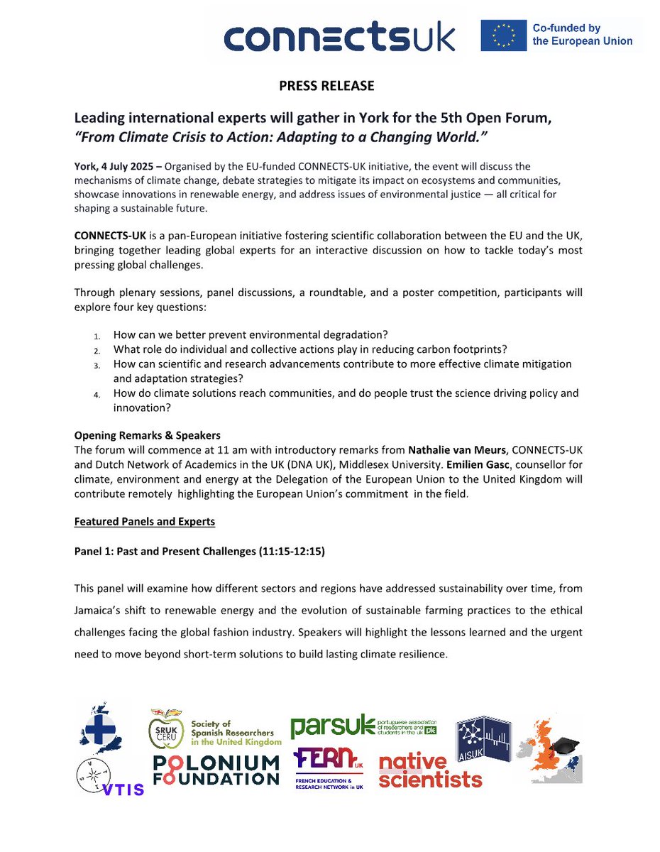 📢 New Press Release: Leading international experts will gather in York for the 5th Open Forum, “From Climate Crisis to Action: Adapting to a Changing World.”

Read more: connects-uk.org/2025/07/02/pre…