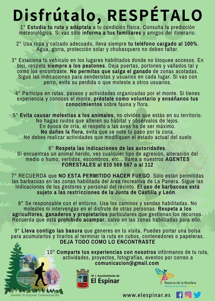 🌿 ¡Disfruta de nuestros montes con respeto y responsabilidad! 🔥

Ñ
👉 Si ves algo que pueda suponer un riesgo, contacta con el 112 o informa a la Policía Local.
Este verano, haz que tu paso por la naturaleza, deje solo huella en tu memoria.
#ElEspinarNatural #VeranoResponsable
