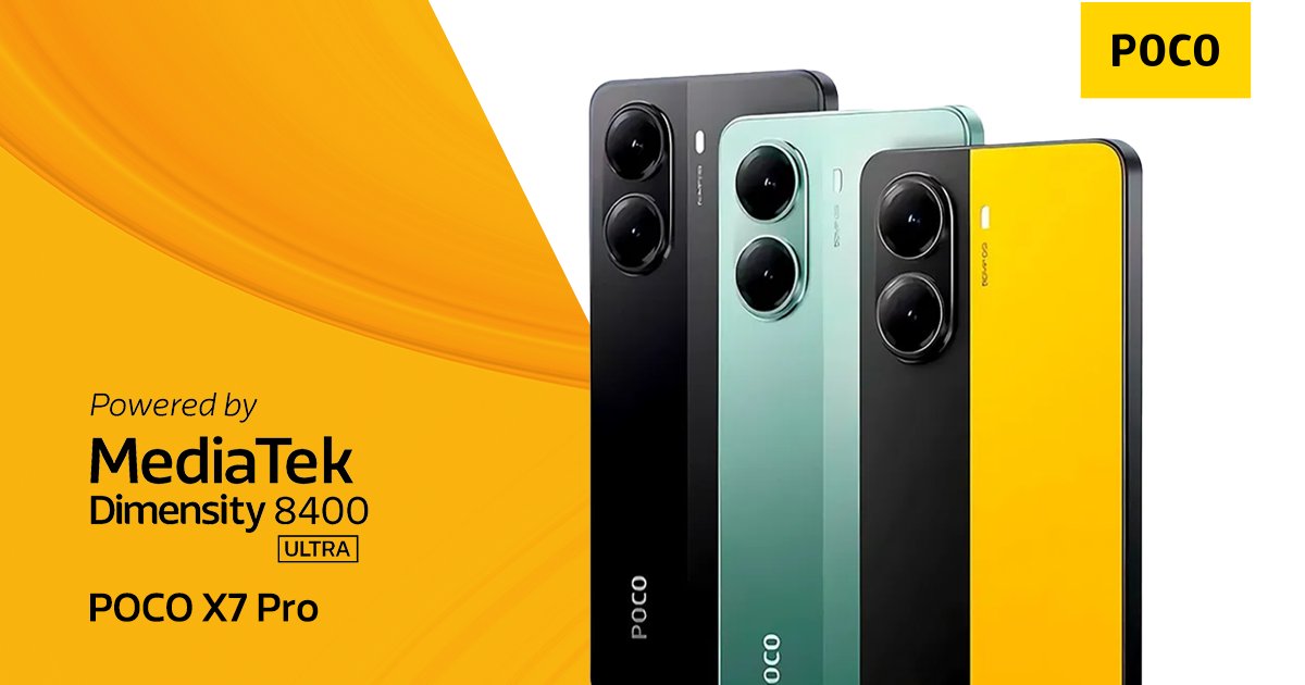Full speed ahead with the #POCO X7 Pro powered by the flagship #MediaTekDimensity 8400-Ultra. Features include CrystalRes 1.5K 120Hz AMOLED display, 50MP main camera with OIS, IP68 dust and water resistance, 6000mAh battery with 90W HyperCharge, &amp; more.