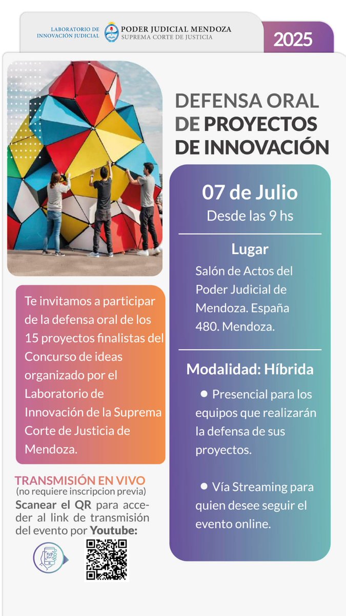 ℹ️ El próximo 07/07 los 15 finalistas del 1er Concurso de Innovación Judicial del país realizarán la defensa oral de sus ideas para mejorar el servicio de justicia.  

➡️ La cita sera en el Salón de Actos del Poder Judicial y podrá seguirse en vivo y en directo por SijumTV