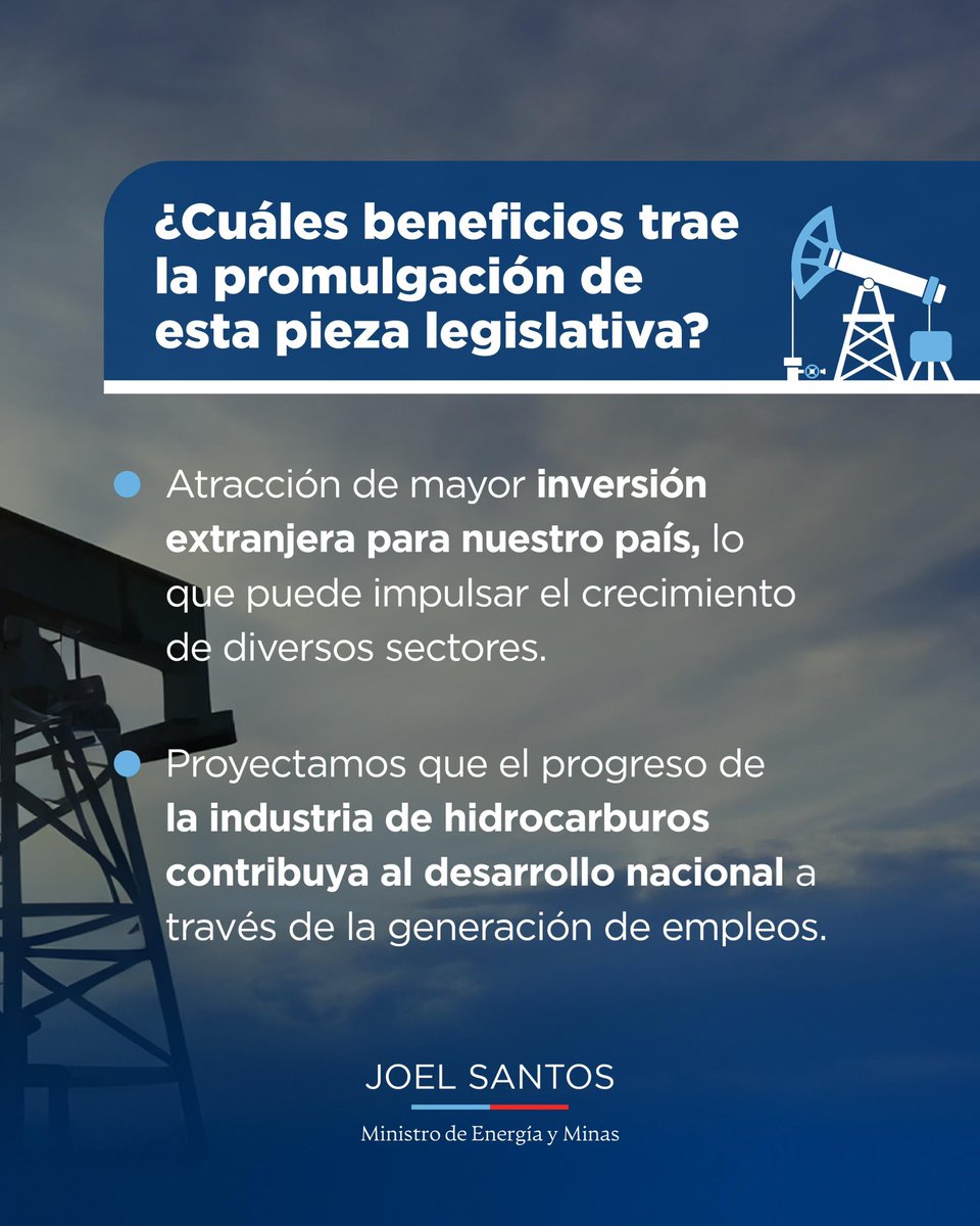 La promulgación de esta pieza legislativa constituye un paso fundamental para posicionar a República Dominicana 🇩🇴 en el mapa de la inversión en hidrocarburos en América Latina y el Caribe.

#JoelSantosEchavarría 
#SectorHidrocarburosRD
#PromulgaciónLey