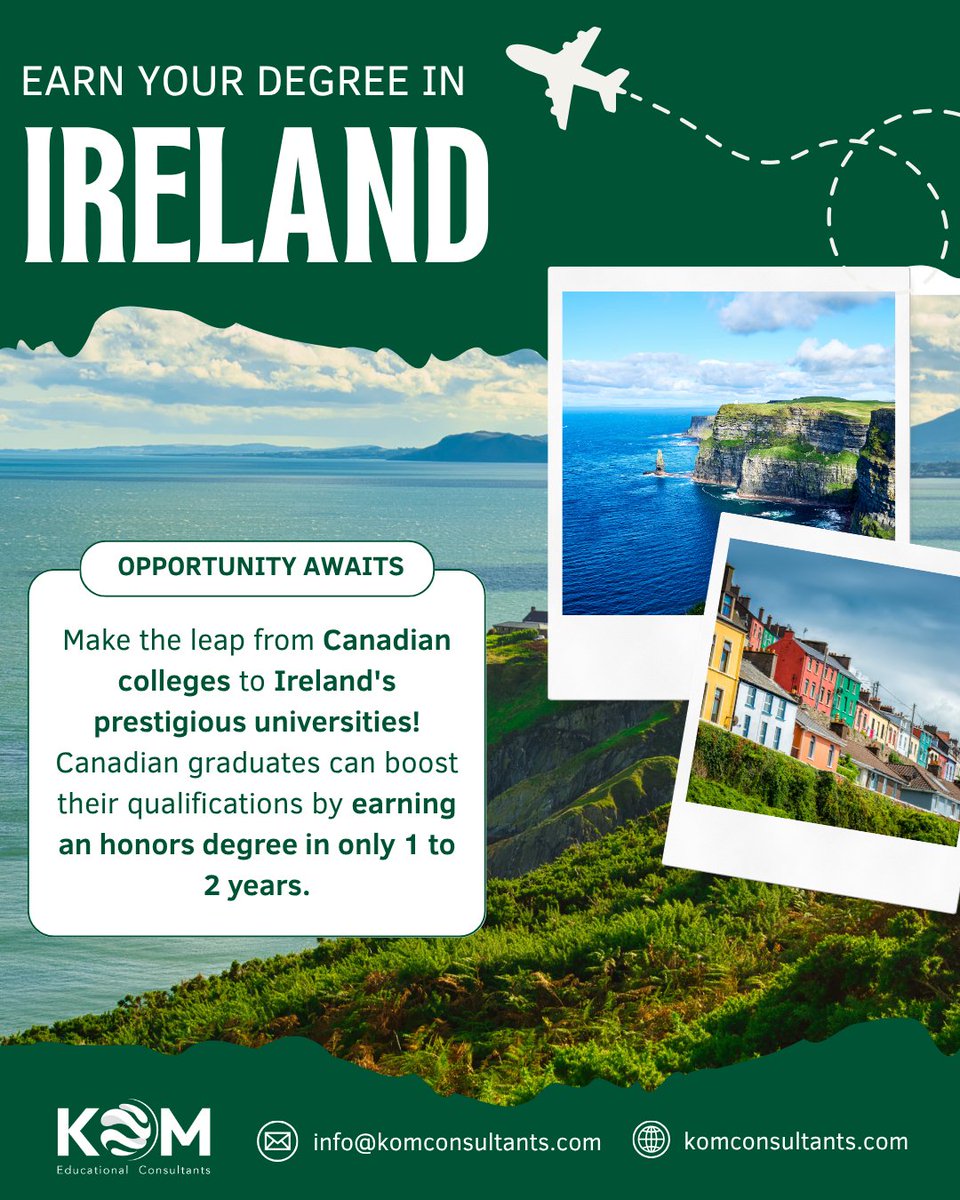 Study abroad in #Ireland 🇮🇪 Transition from Canadian colleges to Ireland's top universities with #KOMConsultants! Enhance your credentials in just 1-2 years with an honours degree through our #PathwaysProgram!
Discover this incredible opportunity here: 🔗komconsultants.com/college-transf…