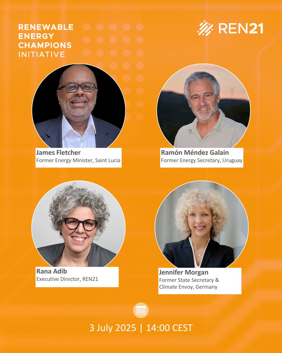 REN21's tweet image. Join us, TOMORROW: 3 July at 14:00 CET for the global launch of REN21’s Renewable Energy Champions Initiative. 👉 Register here: lnkd.in/eQeg_7Xx

Join current national decision-makers with former energy leaders from the Global South who have successfully transformed their…