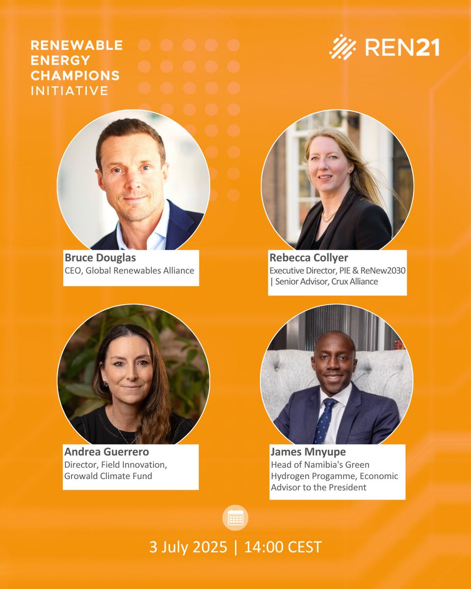 REN21's tweet image. Join us, TOMORROW: 3 July at 14:00 CET for the global launch of REN21’s Renewable Energy Champions Initiative. 👉 Register here: lnkd.in/eQeg_7Xx

Join current national decision-makers with former energy leaders from the Global South who have successfully transformed their…