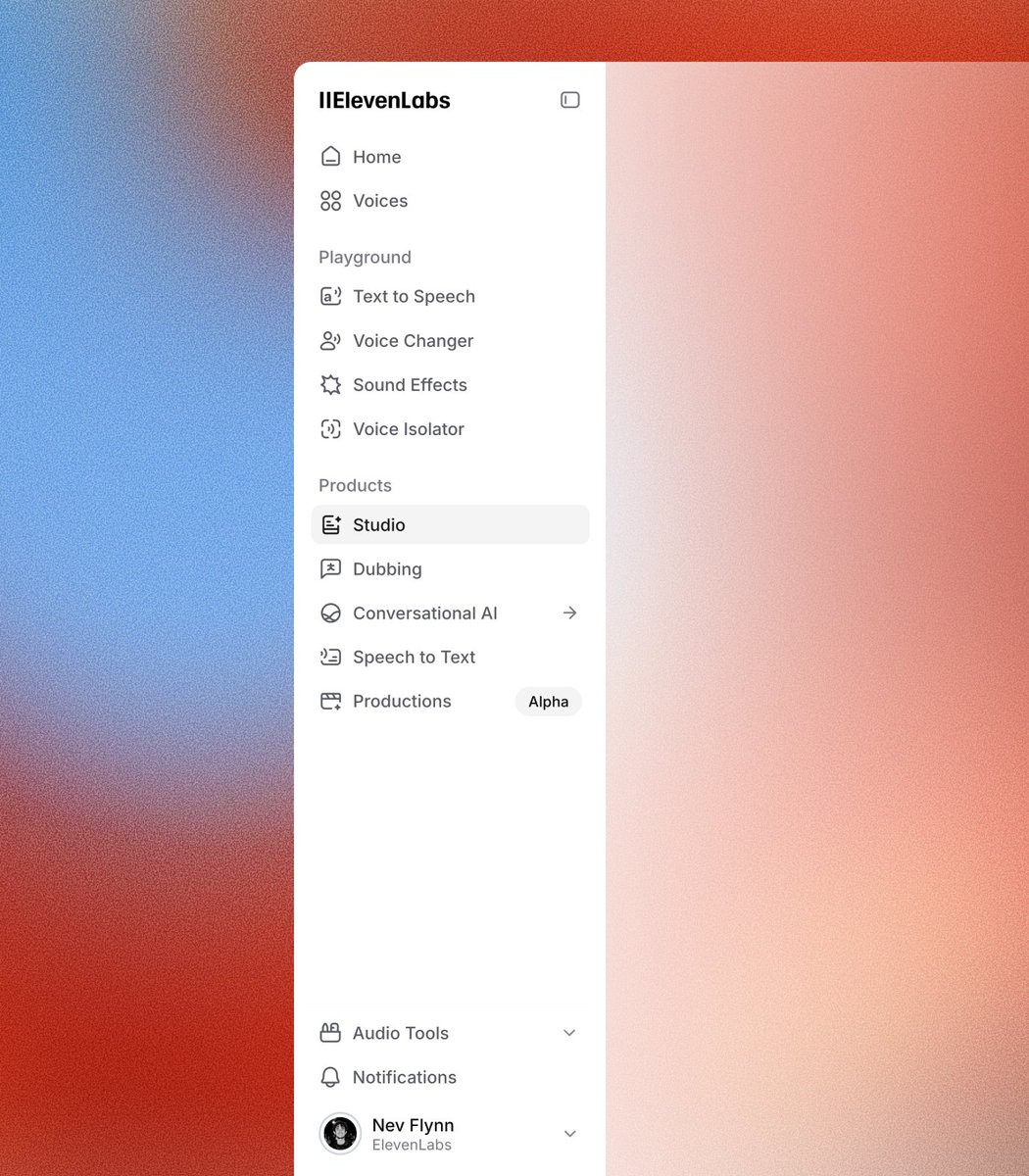 NevFlynn's tweet image. New icons and nav for @elevenlabsio. Built by masterchef, @_animify.