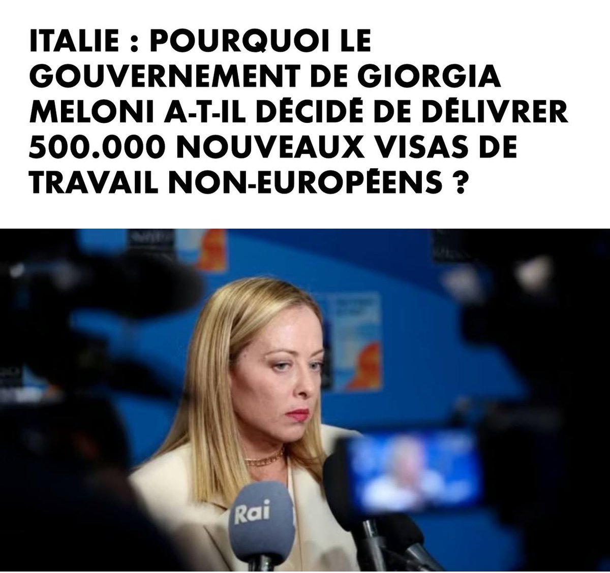 djack89345's tweet photo. 🇮🇹 Giorgia Meloni avait promis un “choc souverainiste”.
Résultat : 1 million de travailleurs étrangers non-européens introduits légalement en 5 ans.
Par décret.
Avec pour justification : “la pénurie de main-d’œuvre”. https://t.co/3zSuQtZAMX