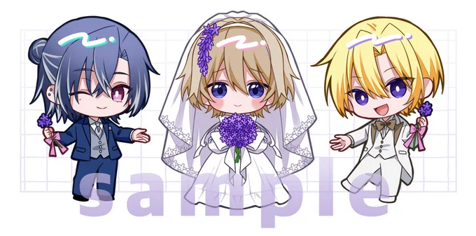 ✦ #commission ✦ TRPGのキャラクター3名のSDイラストを描かせていただきました!お揃いのウエディング姿でグッズにしていただけるようです #SKIMA #TRPG