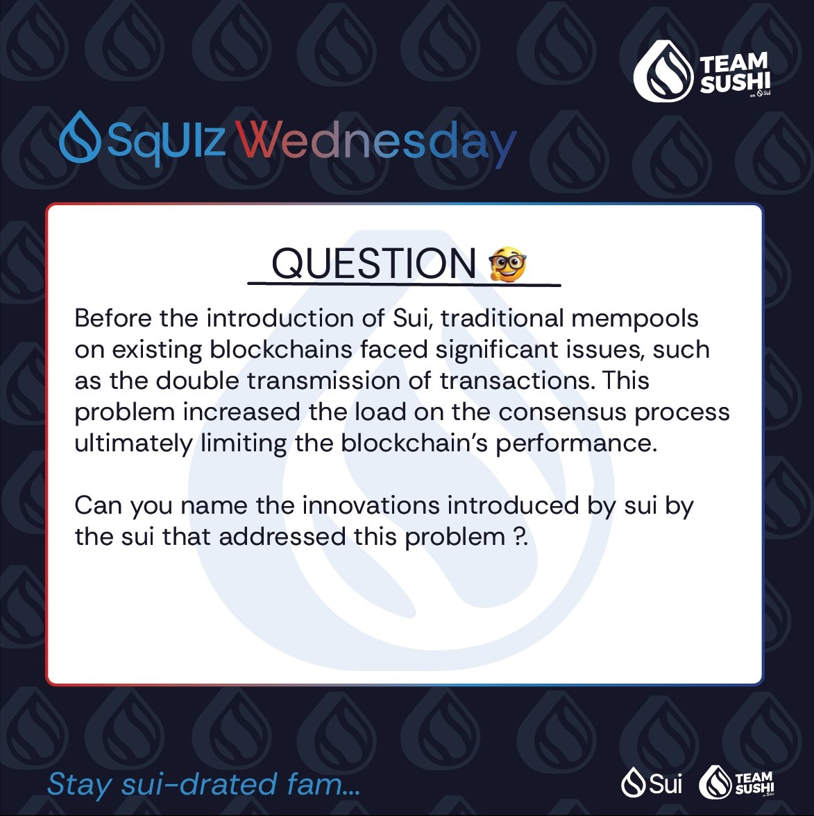 Teamsushi.Sui 🍣 (@teamsushi_) on Twitter photo Last week, we presented a question with a well-known but very tricky answer. This week, we’re diving into the technical architectures that defined <a href="/Mysten_Labs/">MystenLabs.sui</a> first project: the Sui Blockchain, and how these innovations have shaped its adoption and perception in the blockchain Last week, we presented a question with a well-known but very tricky answer. This week, we’re diving into the technical architectures that defined <a href="/Mysten_Labs/">MystenLabs.sui</a> first project: the Sui Blockchain, and how these innovations have shaped its adoption and perception in the blockchain