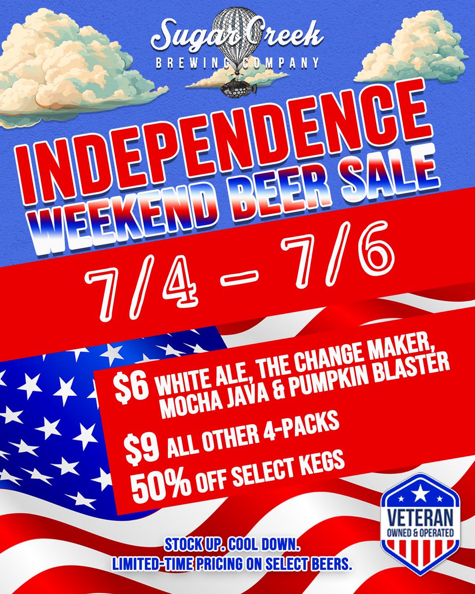 🇺🇸 Celebrate America with #VeteranOwned beer.
🔥 Independence Weekend Beer Sale | July 4–6. 

$6 4-packs:
Mocha Java, White Ale, Pumpkin Blaster, Change Maker
$9 all others
🛢️ 50% OFF kegs: Path, Space Walker, Juice Box IPA, White Ale

📍 Taproom
Fri 12–11 | Sat 11–11 | Sun 12–9