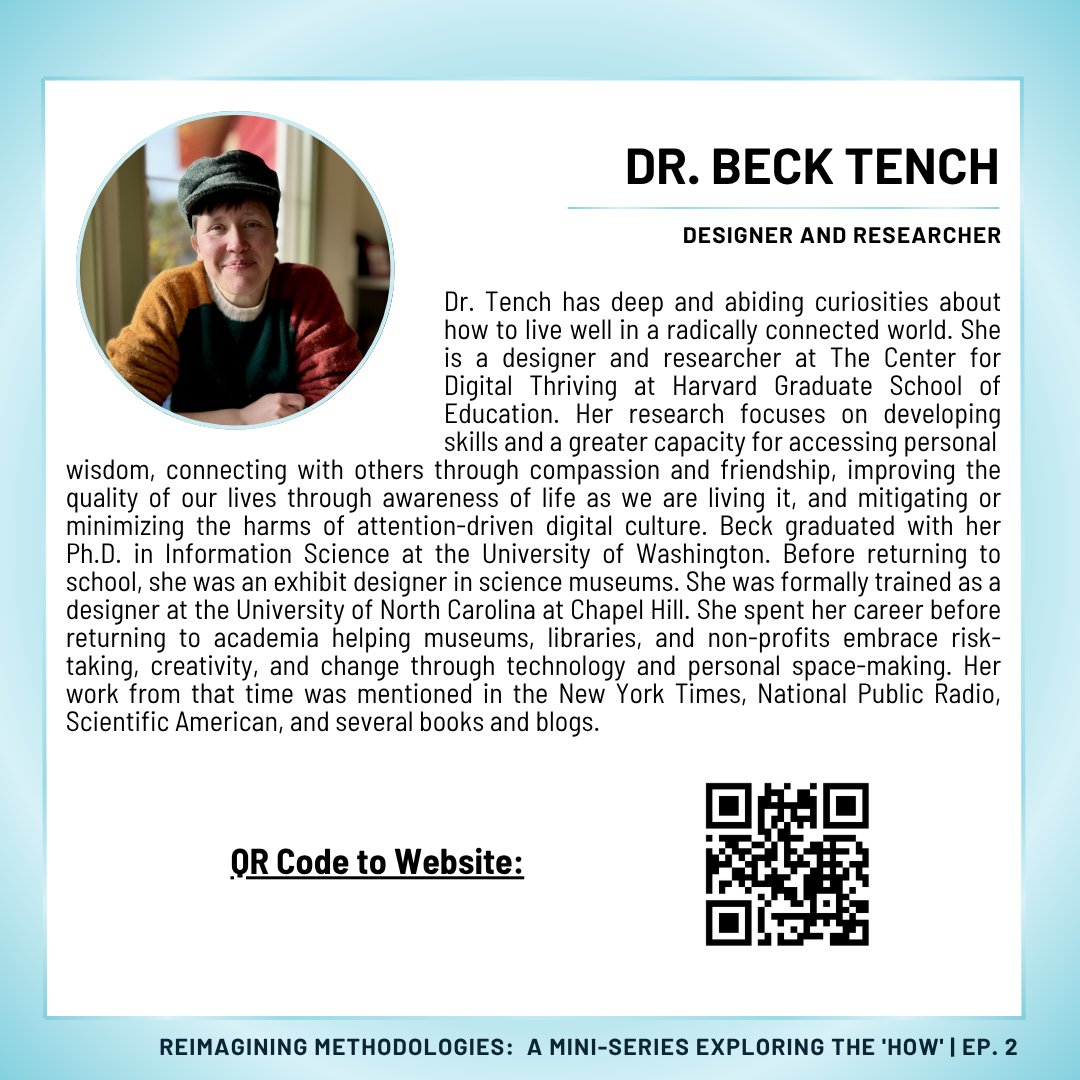 Just Participation (@justpartpodcast) on Twitter photo 🌟Excited to introduce Reimagining Methodologies Ep. 2's Guest!
Meet Dr. Beck Tench (<a href="/10ch/">Beck Tench</a>), a designer & researcher at Harvard who reimagines research through attention, space, contemplative practice & digital well-being.
🔗Don’t miss Episode 2!
Scan QR code to learn more.📲 🌟Excited to introduce Reimagining Methodologies Ep. 2's Guest!
Meet Dr. Beck Tench (<a href="/10ch/">Beck Tench</a>), a designer & researcher at Harvard who reimagines research through attention, space, contemplative practice & digital well-being.
🔗Don’t miss Episode 2!
Scan QR code to learn more.📲