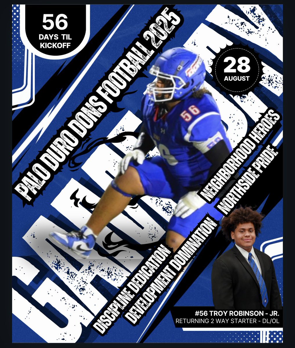 56 days til kickoff…..

Its Troy Robinson day! A leader on &amp; off the field. Nicknamed the Eastside Ziggy Hood!

Go Dons 

#NeighborhoodHeroes
#NorthsidePride
#OurTurn