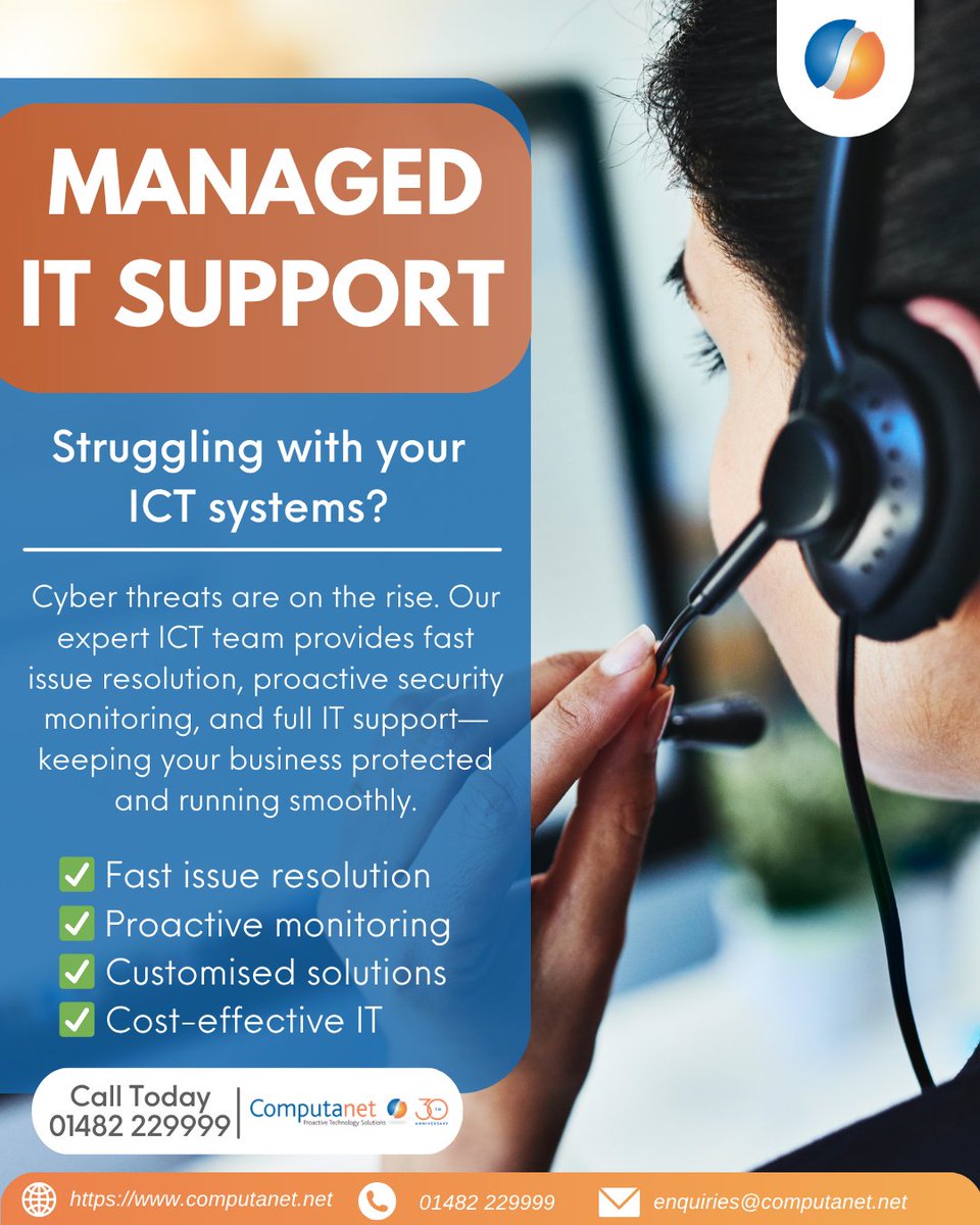 ComputanetMSP's tweet image. 🚨Don’t let IT issues slow your business down. Our Managed IT Support offers fast resolutions, proactive monitoring, and tailored solutions to keep your operations secure and running smoothly. 💻✅
📞 Call us today at 01482 229999 or visit computanet.net to learn more.