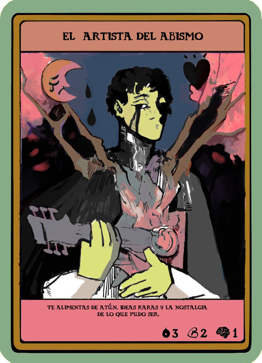 Junoenma's tweet photo. 🃏 Primera carta: **El Artista del Abismo**  
🖤 Se alimenta de nostalgia, sombras y cosas que no pasaron.  
🌙 

#digitalart #darkart #surrealart #tarotart #illustration #weirdart #artforsale 
#aestheticart #lowbrowart 
#artaccount #esotericart #latinxartist https://t.co/yn0pFkYq6Y