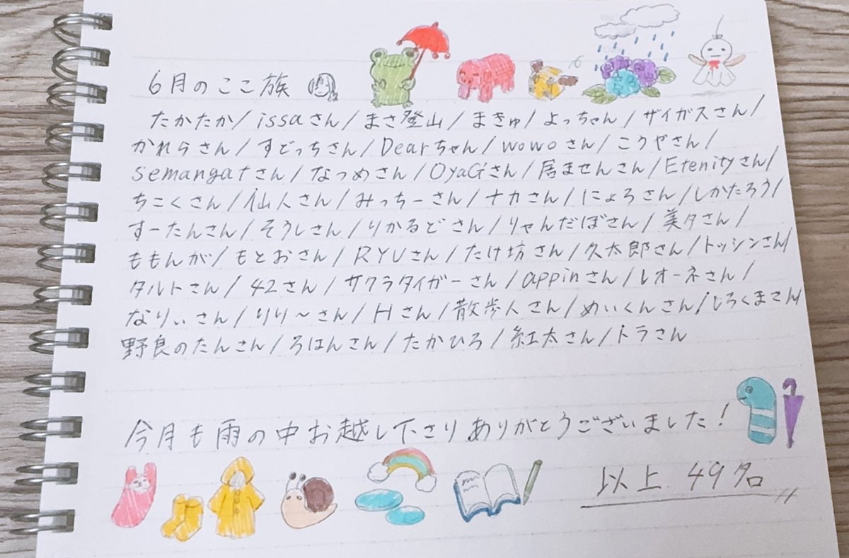 6月のここ族☔️

初めて配信内で書きました✨
梅雨イメージのラクガキ付き✎*
今月も雨の中ありがとうございました！
7月も後は頼んだ.ᐟ.ᐟ.ᐟ