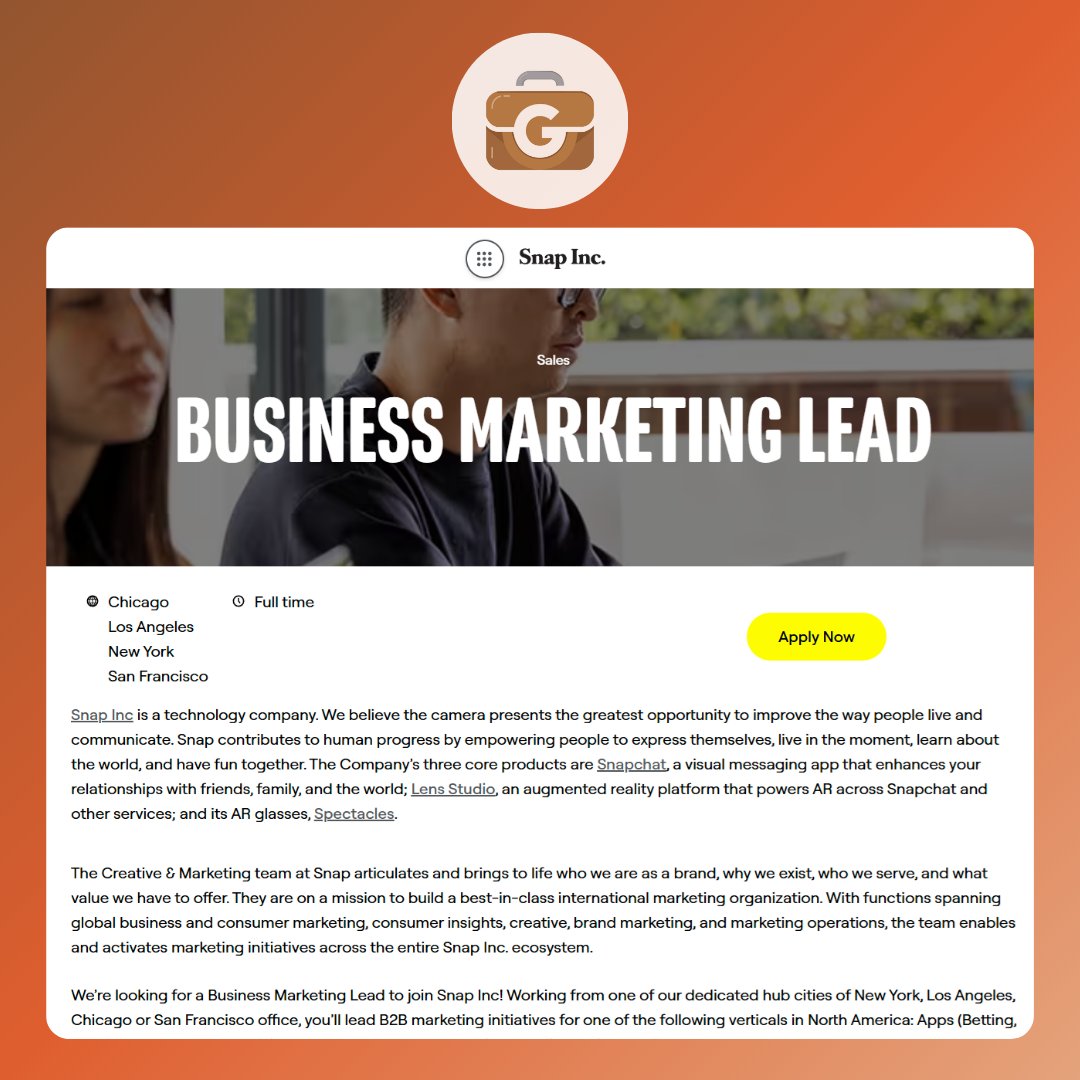 Gambling_Jobs's tweet photo. Job Alert: @Snap Inc. is hiring a Business Marketing Lead to drive strategy for multiple verticals, including Betting, Gaming &amp; Apps vertical 💥

📍 LA / NYC / Chicago / SF
�� Starting from $121K dependent on Zone.

👉 Apply here: https://t.co/5DHfJtzHz7 https://t.co/UlUXFNKz1P