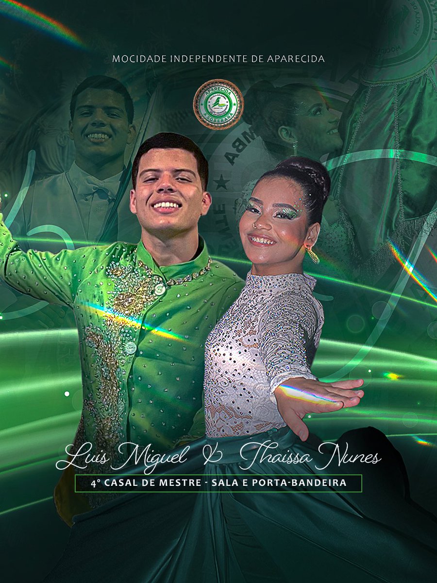 GresAparecida's tweet photo. ✨Com orgulho e emoção, anunciamos quem terá a honra de defender o nosso 4º pavilhão na avenida!✨

💚 Luís Miguel &amp; Thaissa Neves 💚
Um casal que carrega consigo amor e respeito pela arte de bailar com o pavilhão. https://t.co/Z0MUV8BygS