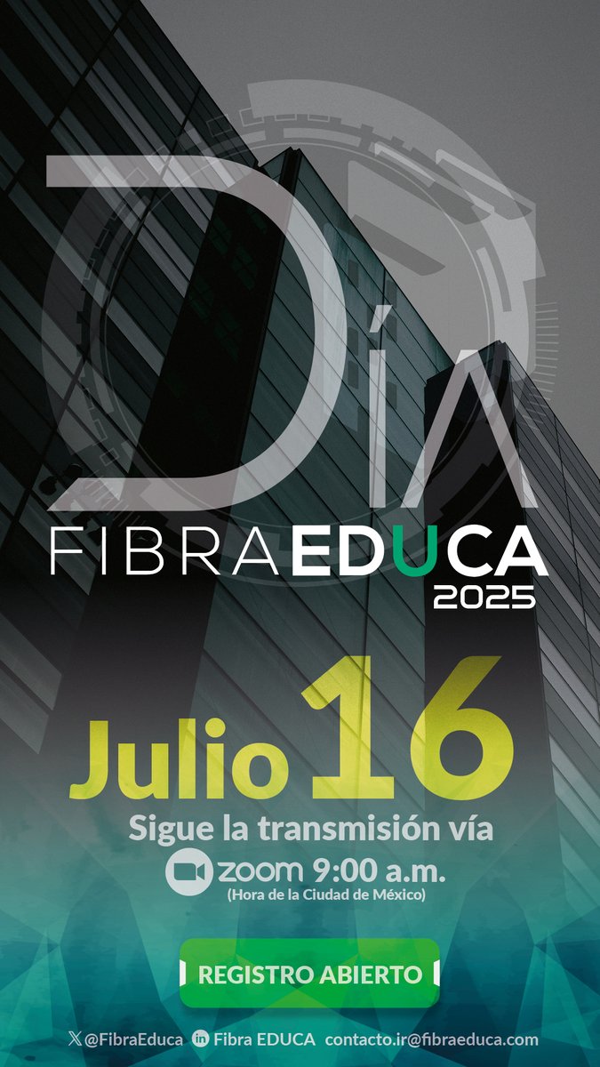 ✨ La educación es la base del futuro.
Y en el #DíaFibraEduca2025, queremos platicar de las perspectivas de los expertos.

🗓️ ¡Nos vemos el 16 de julio! Regístrate desde: us02web.zoom.us/webinar/regist…

 #RegistroAbierto #DíaFibraEduca2025 #InfraestructuraParaLaEducación