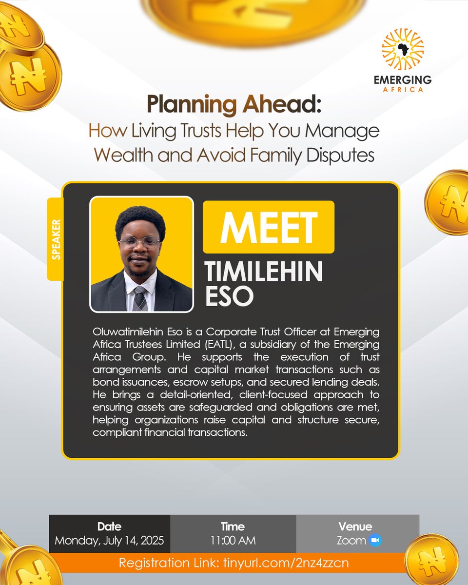 EACapitalGroup's tweet image. Meet Timilehin Eso: Corporate Trust Officer @ Emerging Africa.

He'll be speaking on how Living Trusts + Escrow + Bond structures protect wealth &amp;amp; ensure compliance.

Register Now: us02web.zoom.us/webinar/regist… 

#trusts  #capitalmarkets
