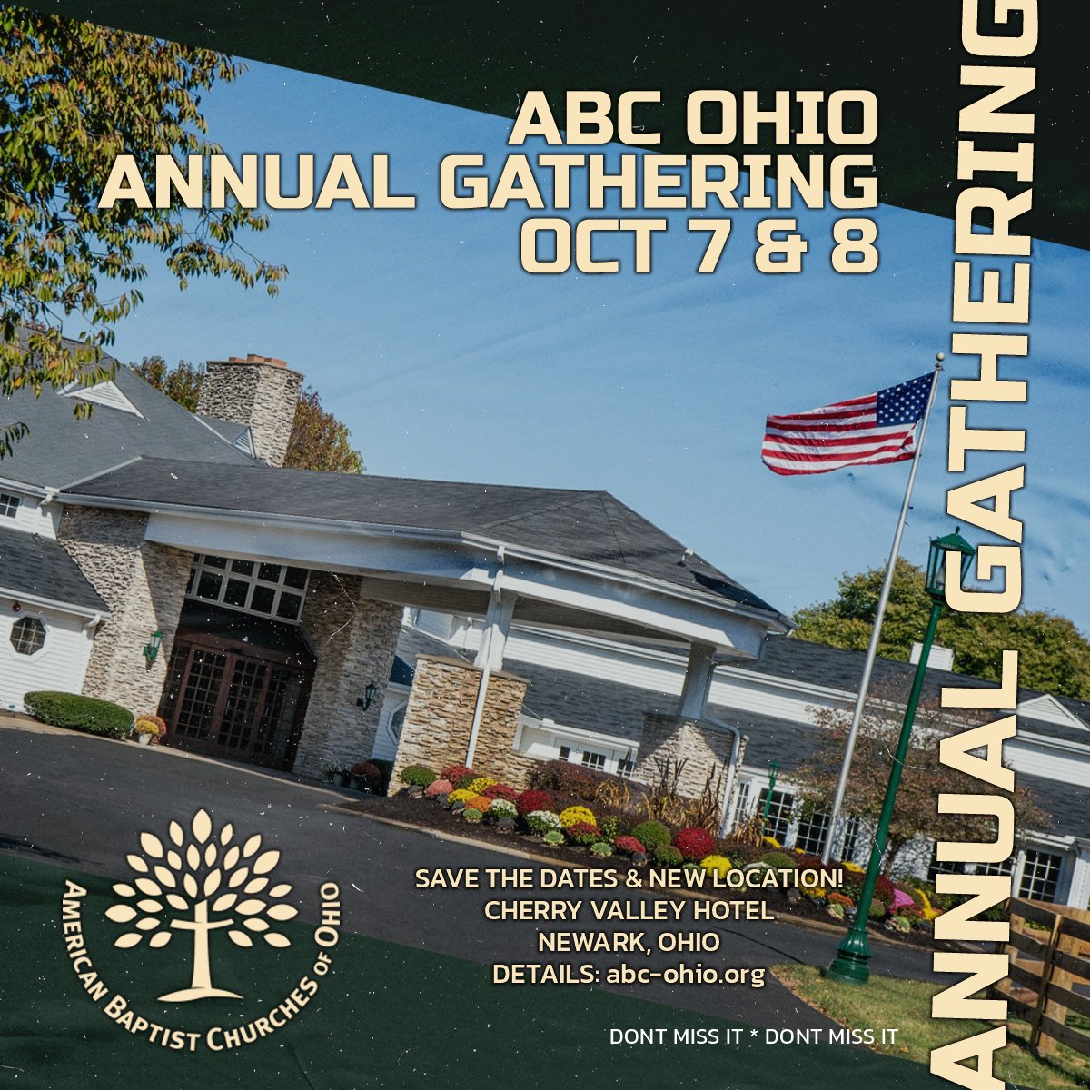 ABCofOhio's tweet image. The 199th Annual Gathering of the American Baptist Churches of Ohio will be held on October 7-8 at The Cherry Valley Hotel in Newark, Ohio. Save the date and note that this is a new location! MORE INFO: abc-ohio.org