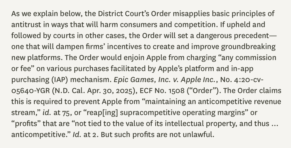 Int'l Ctr Law & Econ (@laweconcenter) on Twitter photo Scholars from <a href="/LawEconCenter/">Int'l Ctr Law & Econ</a> just filed a brief to the 9th Circuit in Epic Games v Apple, noting this injunction misapplies antitrust principles and could harm innovation. A short 🧵 summarizing their arguments. <a href="/geoffmanne/">Geoffrey Manne</a>, <a href="/DanielJGilman1/">Daniel J Gilman</a>, <a href="/AuerDirk/">Dirk Auer</a>. 🔗 in replies. 1/6 Scholars from <a href="/LawEconCenter/">Int'l Ctr Law & Econ</a> just filed a brief to the 9th Circuit in Epic Games v Apple, noting this injunction misapplies antitrust principles and could harm innovation. A short 🧵 summarizing their arguments. <a href="/geoffmanne/">Geoffrey Manne</a>, <a href="/DanielJGilman1/">Daniel J Gilman</a>, <a href="/AuerDirk/">Dirk Auer</a>. 🔗 in replies. 1/6