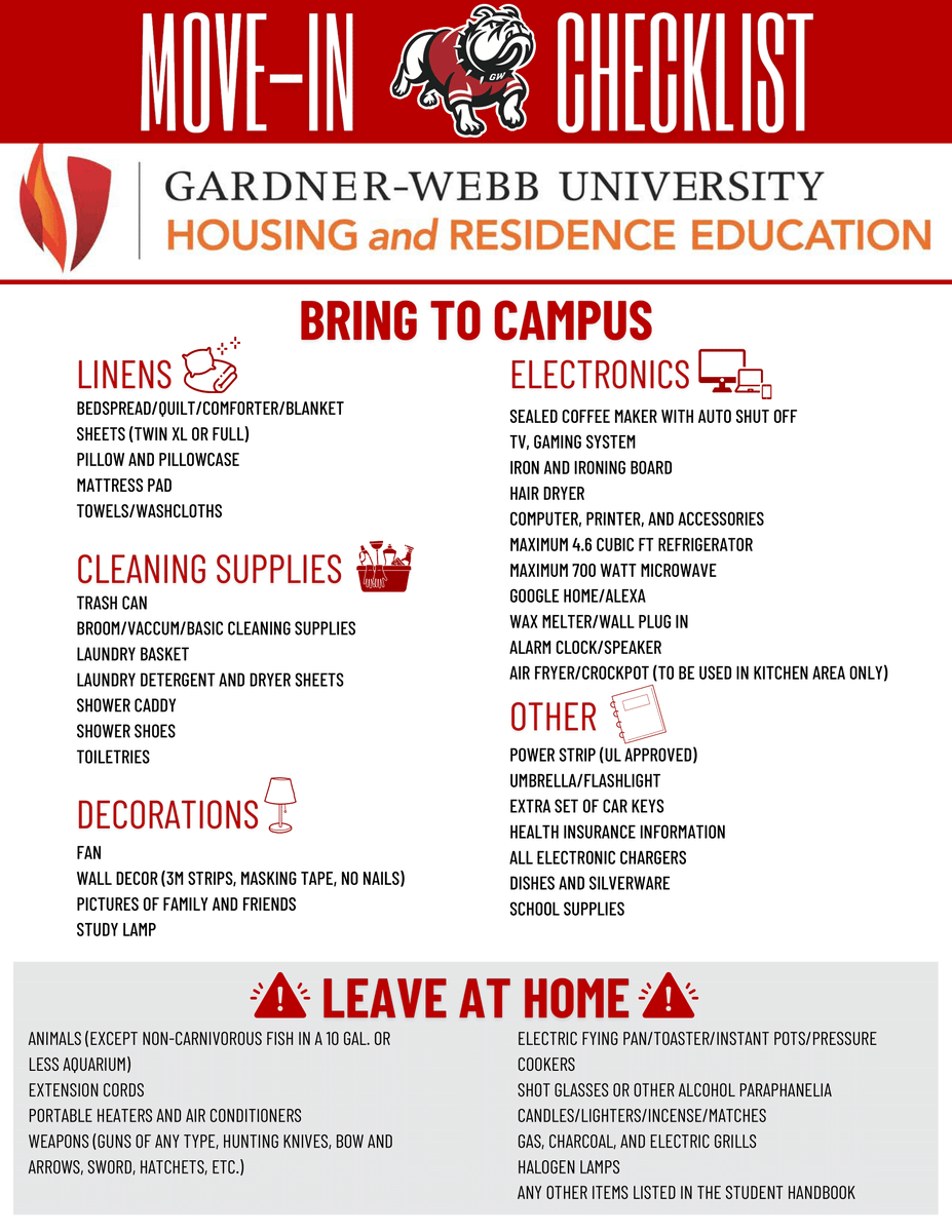 📦 Move-in is coming up next month, Bulldogs! 
Start planning now:
✅ Label your boxes
✅ Pack essentials separately
✅ Bring a fan

Details + packing lists: gardner-webb.edu/student-life/r…
🐾 See you Aug. 18!