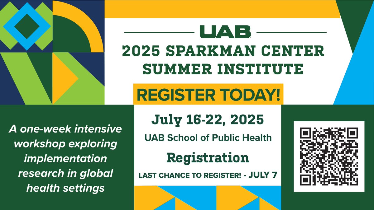 The 2025 Sparkman Center for Global Health Summer Institute will focus on Implementation Research (IR) in Global Health 🌍
📅 July 16–22
📍 UAB School of Public Health
📝 Register now: events.uab.edu/en/6g1Y8if7/g/…
#GlobalHealth #IR #UAB #PublicHealth #SparkmanInstitute