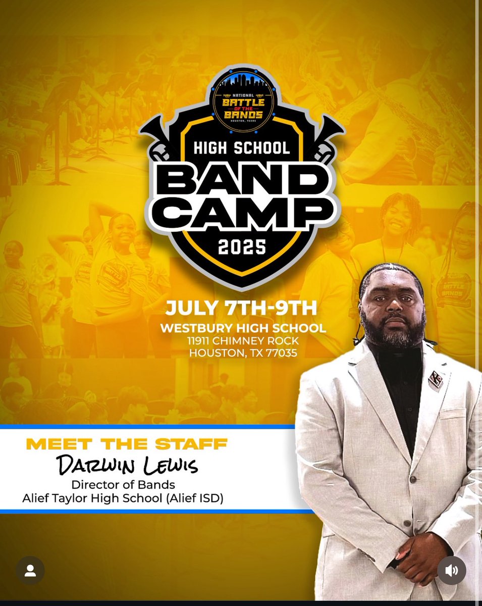 Alief Taylor High School Band & Guard (@ataylor_rlband) on Twitter photo Big congrats to our Director of Bands for being selected to join the staff for the National Battle of the Bands Summer Camp. Thereβs still time to register students grade 8th-12th. Donβt miss out! <a href="/aliefFineArts/">Alief ISD Fine Arts</a> letβs get active. Big congrats to our Director of Bands for being selected to join the staff for the National Battle of the Bands Summer Camp. Thereβs still time to register students grade 8th-12th. Donβt miss out! <a href="/aliefFineArts/">Alief ISD Fine Arts</a> letβs get active.