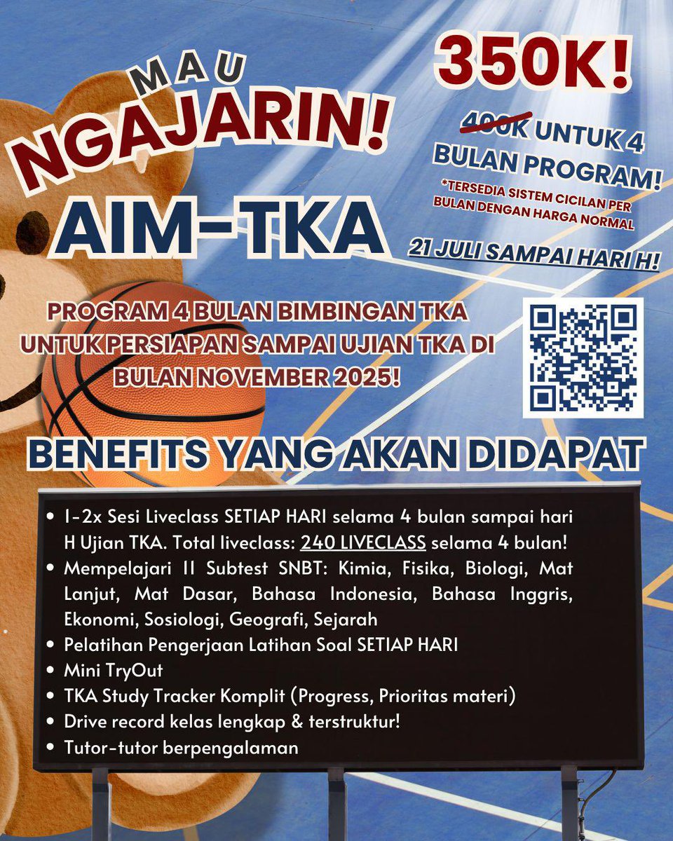 Kamu bingung mau mulai belajar TKA dari mana? Nih aku punya solusinya! MauNgajarin akan buka kelas “AIM-TKA” yang akan bimbing persiapan kamu sampai November 2025!! Dengan 350k, kamu udah bisa dapetin 240 kali live class 😱 Tentunya, ga cuma itu dong, yuk simak benefitsnya!