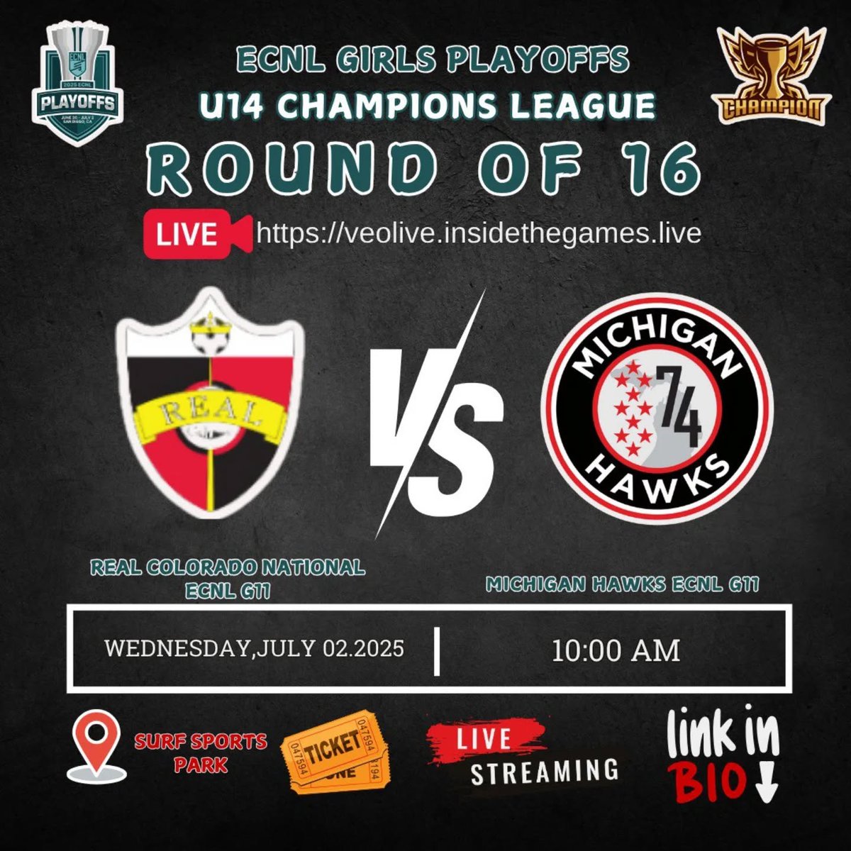 Michigan Hawks (@mihawks1974) on Twitter photo Good luck today to our 2011, 2010 Hawks as they play the round of 16 at the ECNL Girls playoffs. Go Hawks!! Watch it live on <a href="/ECNLgirls/">ECNL Girls</a> TV, team1sports.com/ecnltv/ Good luck today to our 2011, 2010 Hawks as they play the round of 16 at the ECNL Girls playoffs. Go Hawks!! Watch it live on <a href="/ECNLgirls/">ECNL Girls</a> TV, team1sports.com/ecnltv/