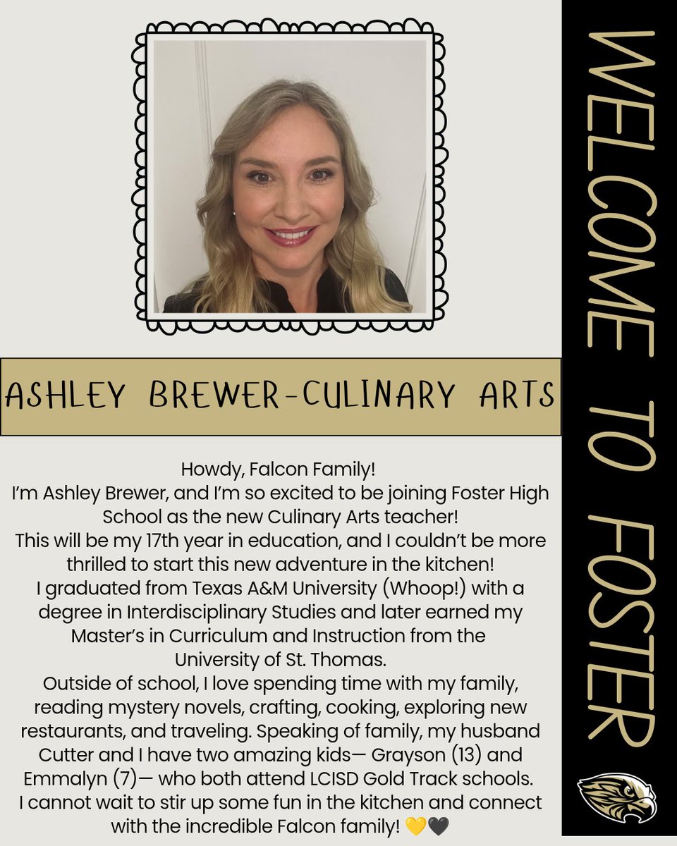 FosterHSNews's tweet image. Welcome to Foster, Ashley Brewer! She will be teaching Culinary Arts!