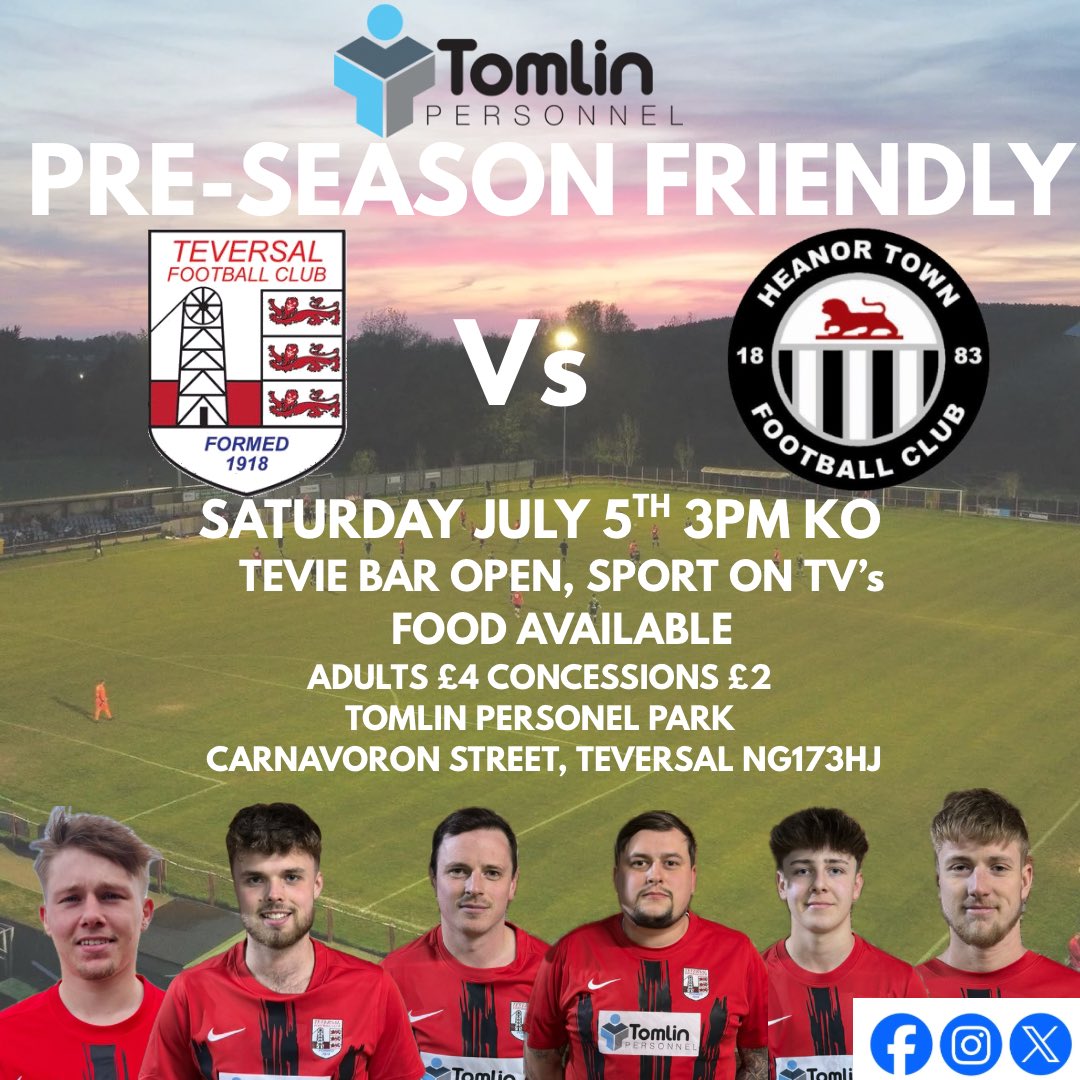 ⚽️ PRE-SEASON ACTION THIS SATURDAY! ⚽️
We’re back on the pitch and ready to go! 🔥

Join us for our first pre-season friendly – the lads are flying in training and can’t wait to get going 💪

📍 <a href="/TomlinPersonnel/">TomlinPersonnel</a> Park
🕒 3pm
🎟️ Get down,we’d love to see you  🖤 ❤️ 
#upthetevie