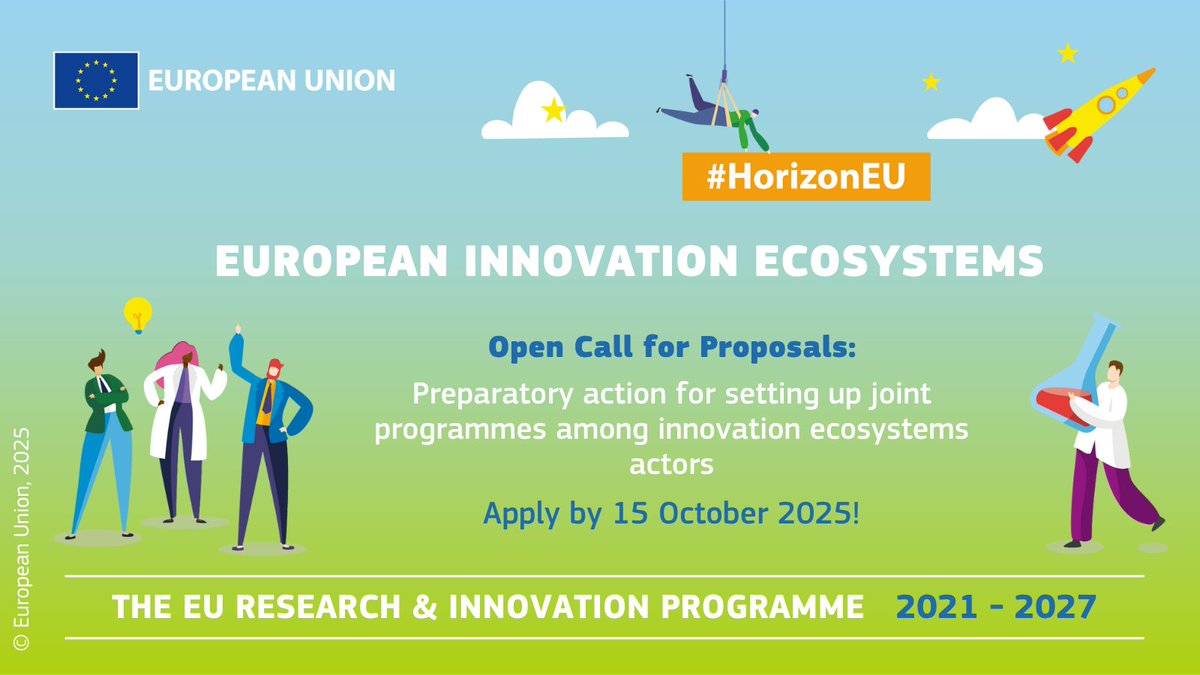 The #EUInnovationEcosystems call for proposals “Preparatory action for setting up joint programmes among innovation ecosystems actors” is open till 15 October 2025.

💶 Available budget: €5 million

Check the eligibility criteria and apply here 👇
europa.eu/!73CWHv