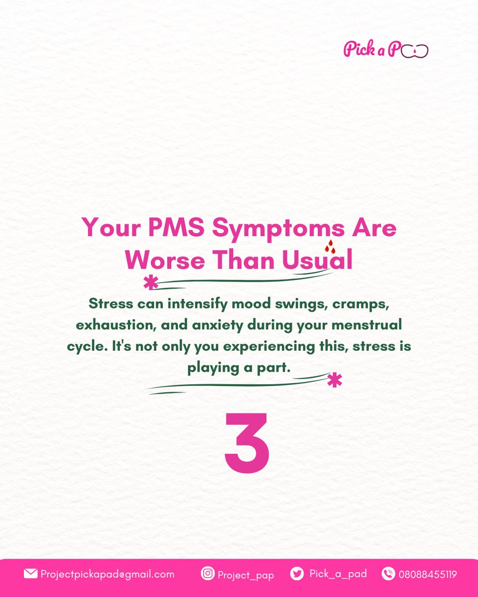pick_a_pad's tweet photo. Is stress hijacking your cycle?
Your body isn’t just tired, it’s trying to tell you something.
✨Have you noticed any of these signs lately?
You’re not alone,and it’s okay to talk about it.
Because when we understand our cycle, we take back control.✨❤️
#periodtalks #stress https://t.co/k2fm0sT3Yn