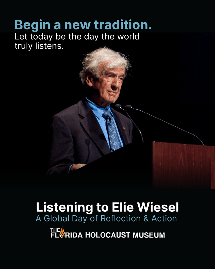 FLHolocaustMus's tweet image. Let today be the day the world truly listens.
Listening to Elie Wiesel – A Global Day of Reflection & Action
The Florida Holocaust Museum invites you to do more than remember—we invite you to listen, reflect, and act.
Wiesel’s voice still speaks powerfully through his books,…