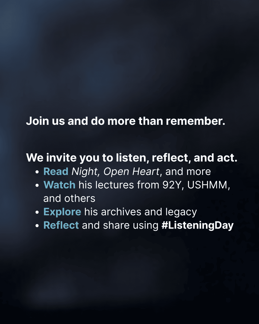 FLHolocaustMus's tweet image. Let today be the day the world truly listens.
Listening to Elie Wiesel – A Global Day of Reflection & Action
The Florida Holocaust Museum invites you to do more than remember—we invite you to listen, reflect, and act.
Wiesel’s voice still speaks powerfully through his books,…