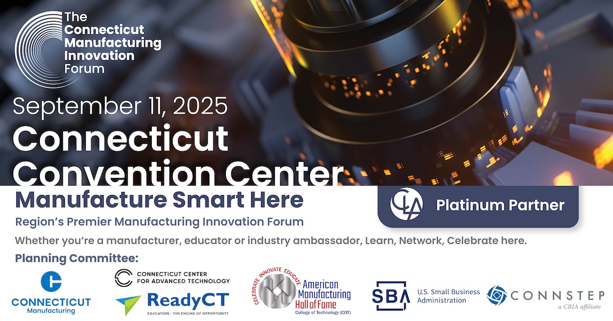 The Connecticut Manufacturing Innovation Forum is set for September 11, 2025.

CONNSTEP is thrilled to be part of this event featuring demonstrations, speakers, and breakout sessions tackling issues impacting CT manufacturers!

Register today: web.cvent.com/event/95167763…
