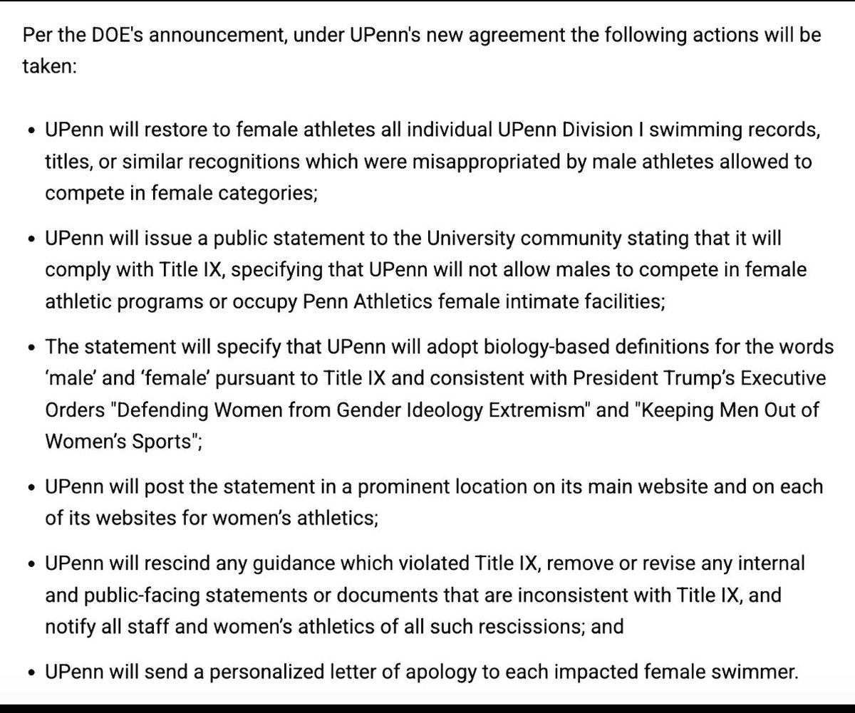 Jenny Korn (@jennyskorn) on Twitter photo GREAT MORNING ☀️ FOR GIRLS & WOMEN, especially in sports.
UPenn just became a truly Feminist college in America 🇺🇸
In a stunning turn of events, UPenn complied with Title IX & Sanity!
Thanks <a href="/EDSecMcMahon/">Secretary Linda McMahon</a> <a href="/Riley_Gaines_/">Riley Gaines</a> & <a href="/POTUS/">President Donald J. Trump</a> <a href="/Moms4Liberty/">Moms for Liberty</a>
MUST READ UPenn’s Agreement ⬇️ GREAT MORNING ☀️ FOR GIRLS & WOMEN, especially in sports.
UPenn just became a truly Feminist college in America 🇺🇸
In a stunning turn of events, UPenn complied with Title IX & Sanity!
Thanks <a href="/EDSecMcMahon/">Secretary Linda McMahon</a> <a href="/Riley_Gaines_/">Riley Gaines</a> & <a href="/POTUS/">President Donald J. Trump</a> <a href="/Moms4Liberty/">Moms for Liberty</a>
MUST READ UPenn’s Agreement ⬇️