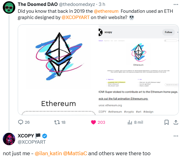 oficinastk (oficinastk.eth - oficinastk.tez) (@oficinastk) on Twitter photo This is how you rewrite history btw, by cherry picking names.
For anyone that cares, the artists involved in creating the temporary logo for the ETH foundation were: <a href="/ilan_katin/">ilan katin</a> <a href="/lililashka/">Lili.hl ✰ ツ</a> <a href="/MattiaC/">Mattia Cuttini 🖨️◼️📄</a> <a href="/oficinastk/">oficinastk</a> <a href="/XCOPYART/">XCOPY 🏴</a> in alphabetical order.
web.archive.org/web/2019081019… This is how you rewrite history btw, by cherry picking names.
For anyone that cares, the artists involved in creating the temporary logo for the ETH foundation were: <a href="/ilan_katin/">ilan katin</a> <a href="/lililashka/">Lili.hl ✰ ツ</a> <a href="/MattiaC/">Mattia Cuttini 🖨️◼️📄</a> <a href="/oficinastk/">oficinastk</a> <a href="/XCOPYART/">XCOPY 🏴</a> in alphabetical order.
web.archive.org/web/2019081019…