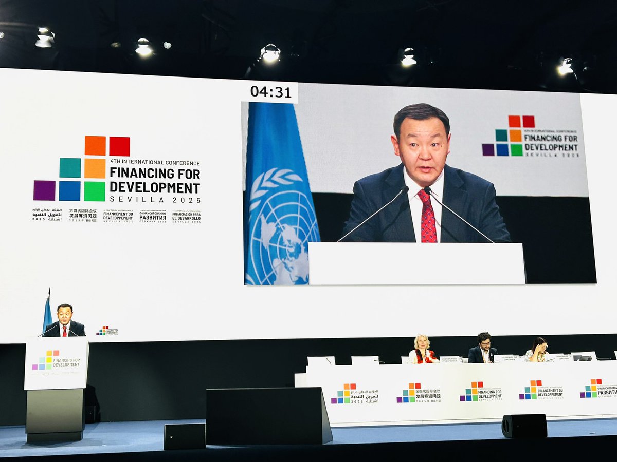 OTD: H.E.Mr. N. Ankhbayar, PR of🇲🇳 to the 🇺🇳, delivered a statement at the General Debate of the 4th Conference on Financing for Development in Seville. He underscored need to reprioritize investment sources on infrastructure, education, health &amp; climate change.