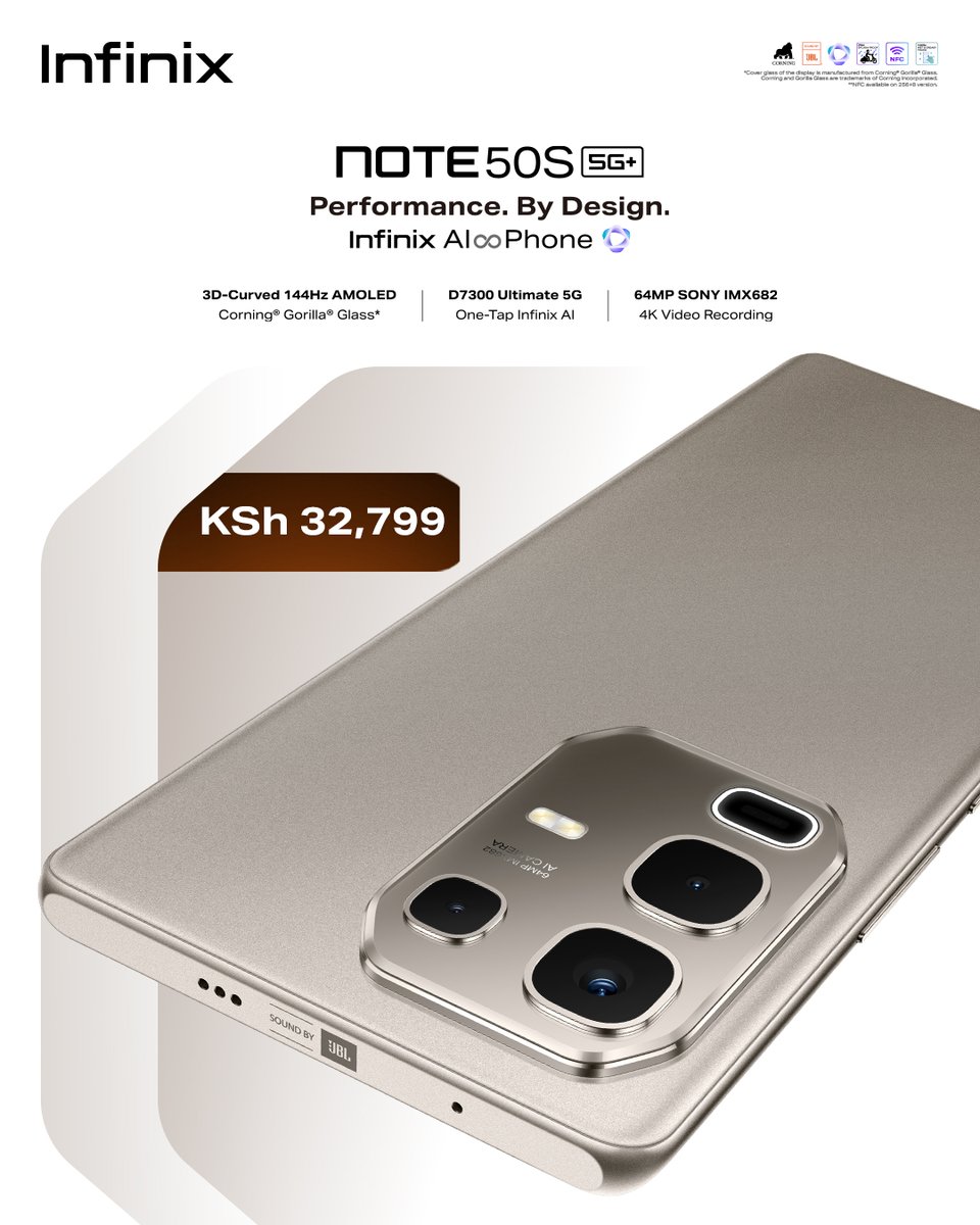 InfinixKenya's tweet image. ⚡ Fast. Sleek. Powerful.
Experience 5G speed with the all-new NOTE 50s 5G — now available for just Ksh. 32,799!
📍Available in stores countrywide.

#Infinix #NOTE50s5G #NOTE50Series #FlagshipPerformanceWithAI #PerformanceByDesign #InfinixAI