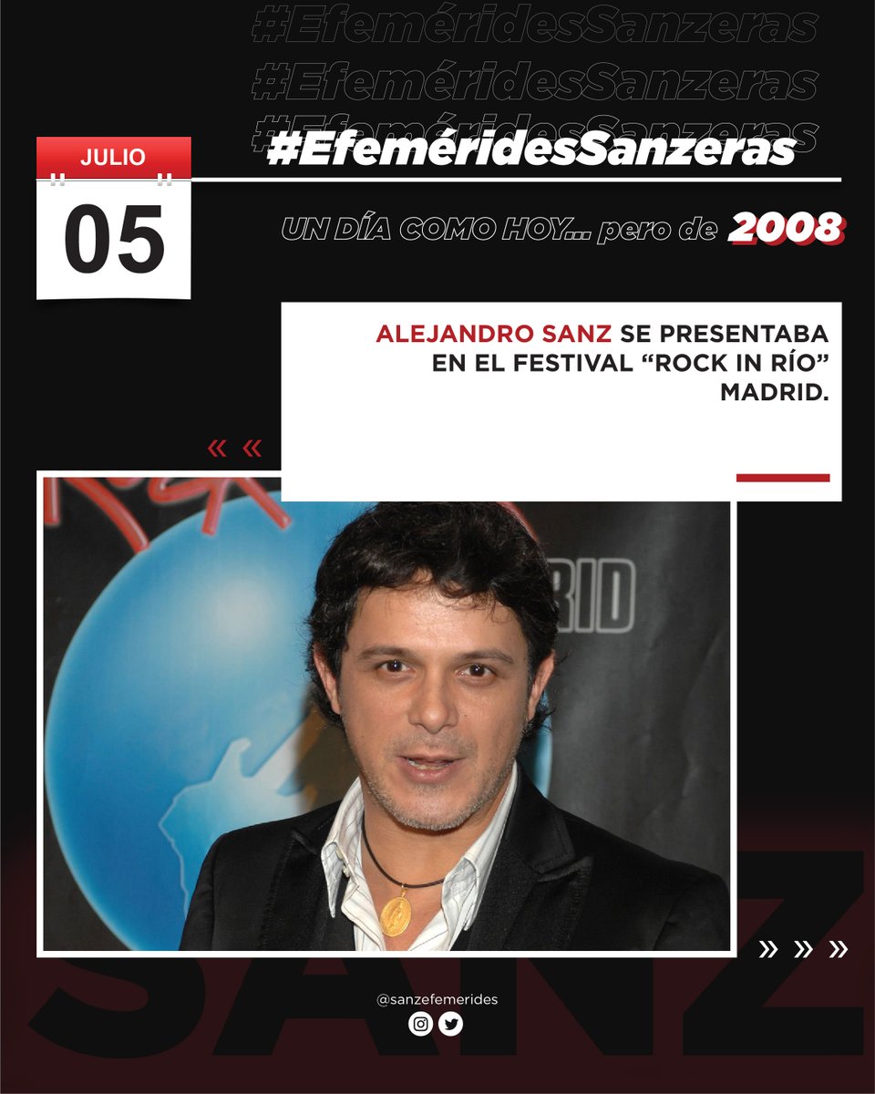 🗓 | #EfemeridesSanzeras 

Un día como hoy, <a href="/AlejandroSanz/">Alejandro Sanz</a> se presentaba en el Festival Rock in Río Madrid.

#AlejandroSanz  
#UnDíaComoHoy #TalDíaComoHoy #Efemérides