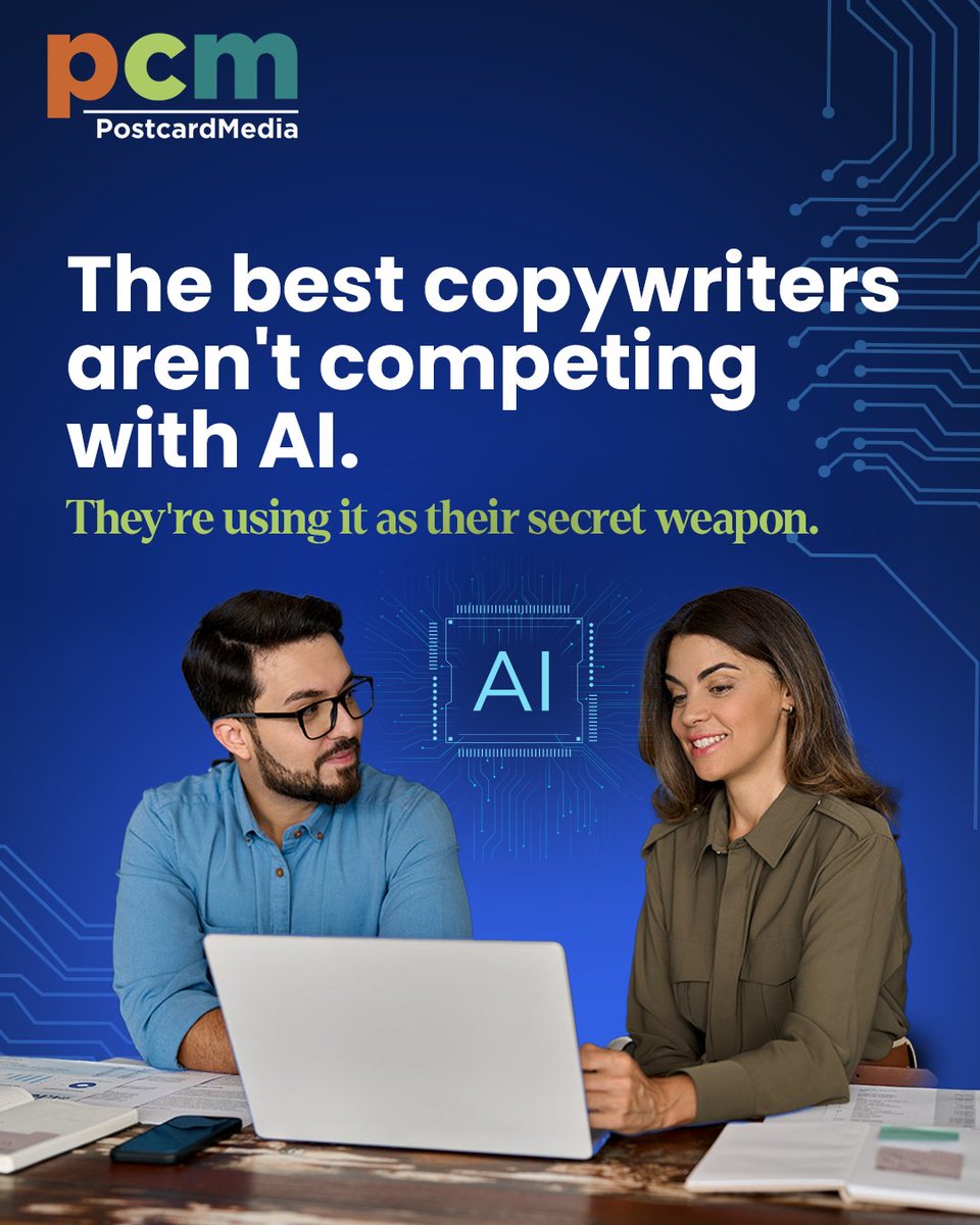 PostcardMedia's tweet photo. The AI panic is missing the point entirely.
While most copywriters worry about being replaced, a few have quietly turned AI into their competitive edge. 

The future doesn't belong to the fastest writers. It belongs to the sharpest thinkers. https://t.co/ChHawYcKIC